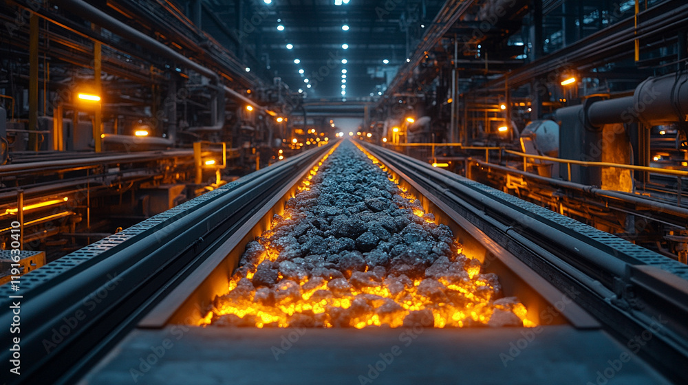 Conveyor belt transports ore rocks in a moody setting, symbolizing industrial progress, mineral extraction, and transformation of raw materials with blurred bright light tone and chaotic atmosphere
Conveyor belt transports ore rocks in a moody setting, symbolizing industrial progress, mineral extraction, and transformation of raw materials with blurred bright light tone and chaotic atmosphere
