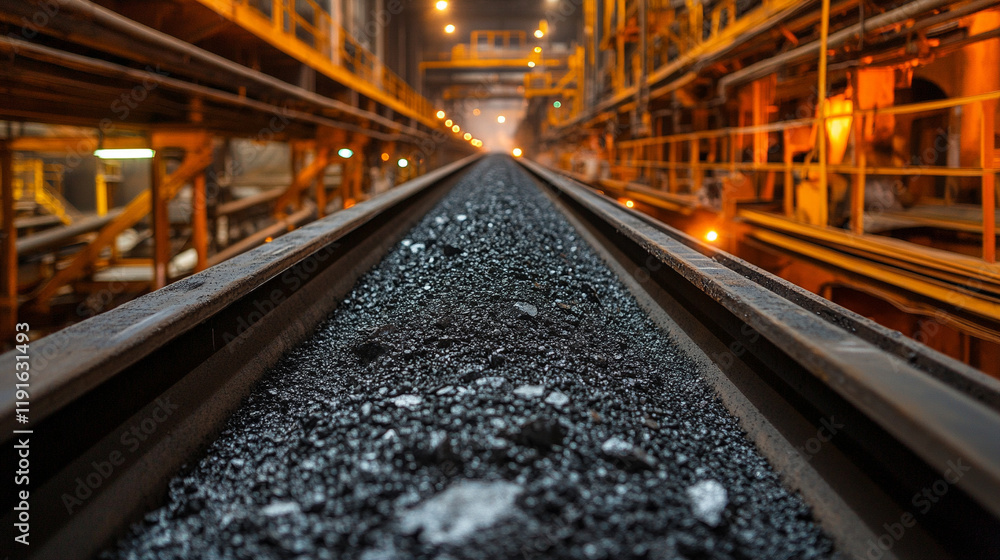 Conveyor belt transports ore rocks in a moody setting, symbolizing industrial progress, mineral extraction, and transformation of raw materials with blurred bright light tone and chaotic atmosphere
Conveyor belt transports ore rocks in a moody setting, symbolizing industrial progress, mineral extraction, and transformation of raw materials with blurred bright light tone and chaotic atmosphere