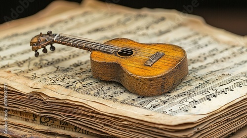 Miniature Guitar Rests on Antique Sheet Music photo