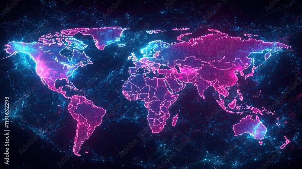 Digital world map with global financial data charts, in neon pink and blue colors Digital world map with global financial data charts, in neon pink and blue colors