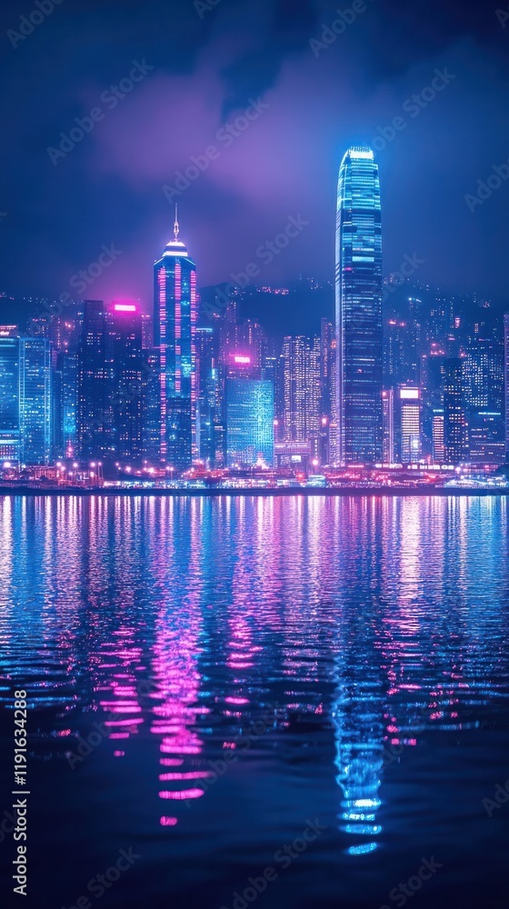 Fototapeta premium Breathtaking night view of a modern illuminated skyline with skyscrapers and high rise buildings reflecting in the calm waters of a tranquil bay or harbor