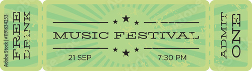 Green vintage ticket featuring a music festival on September 21st at 7,30 PM, adorned with stars and a captivating radial pattern, inviting attendees to an evening of entertainment