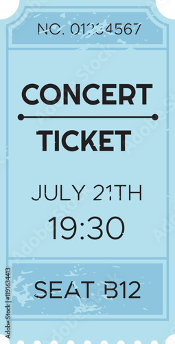 Light blue concert ticket with number, date, time and seat number, isolated on white background, representing entertainment and music events