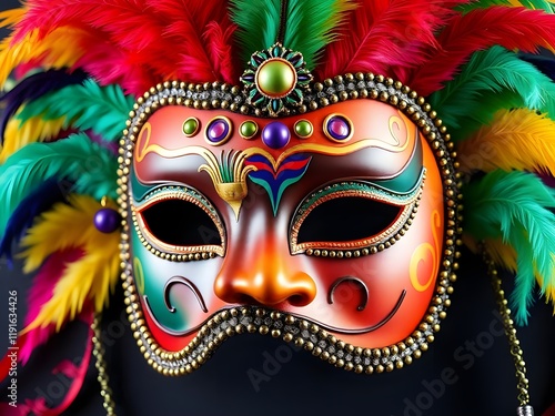 A 3D render of a horizontal image of a colorful carnival mask. The mask is decorated with feathers, beads, and other ornate designs.
