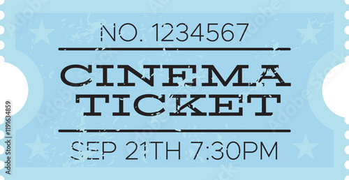 Light blue cinema ticket with time and number printed on it, for a movie show on september 21th at 7,30pm, with a ripped off side and two stars on each side