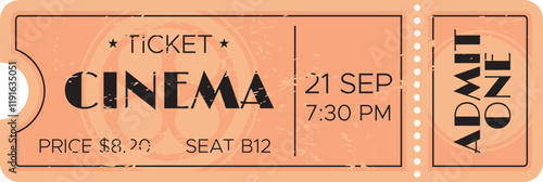 Peach colored cinema ticket featuring a movie showing at 7,30 PM on September 21st, with seat B12 and a price of 8.20, highlighted by the words admit one on the stub