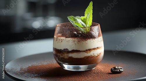 A decadent tiramisu presented in a glass layers visible dusted with cocoa powder and garnished with a coffee bean and mint leaf. photo