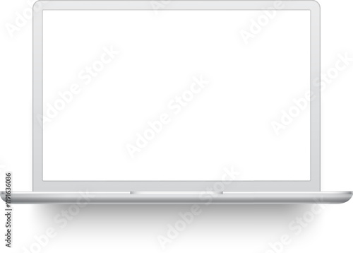 Modern silver laptop featuring a blank screen, patiently waiting for incoming messages against a clean white background, casting a subtle shadow beneath its sleek design