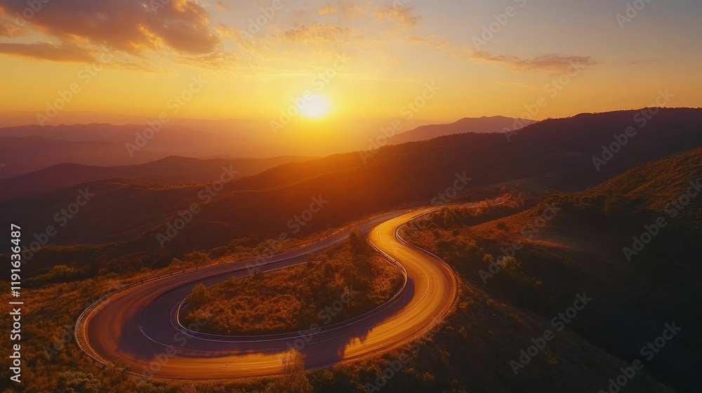 Fototapeta premium Sunset illuminates winding mountain road.