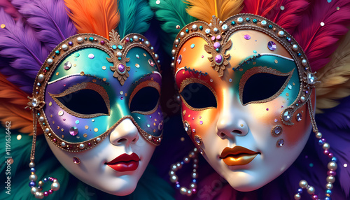 Vector illustration of carnival masks with feathers and glitter. Colorful masks decorated with bright feathers and decorative elements, reflecting the atmosphere of Mardi Gras. photo