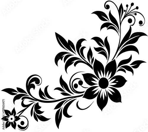  floral design, stylized flower design with leaf and decorative accents. abstract floral ornament, corner, petal patterns, ideal for use in decorative prints, wallpaper, mandala, digital art, template