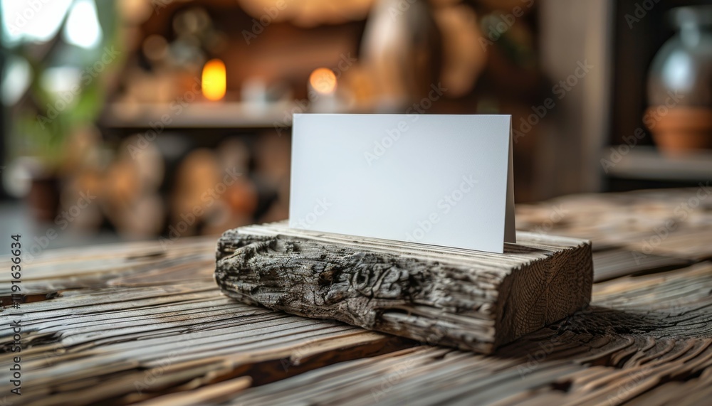 A white card is sitting on a wooden block A white card is sitting on a wooden block