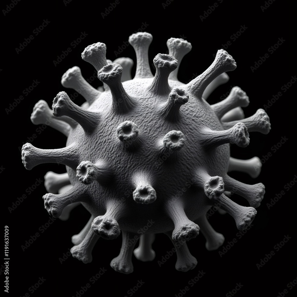 A detailed 3D rendering of a coronavirus particle with spike proteins