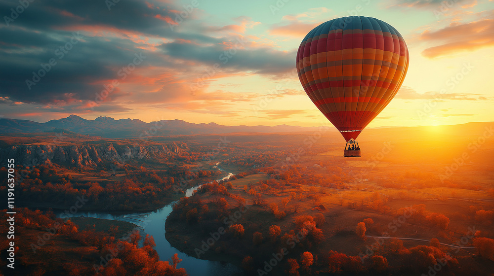 A romantic hot air balloon ride at sunrise, a couple holding hands while looking out over a vast A romantic hot air balloon ride at sunrise, a couple holding hands while looking out over a vast