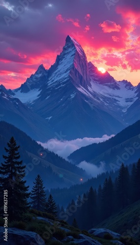 Jagged peaks pierce a perpetually twilight sky above a shadowed, sprawling wood , magical, enchanted