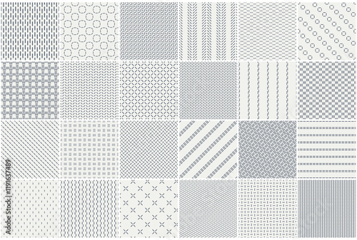 Collection of minimalistic seamless patterns. Neutral textile prints. Repeatable unusual simple gray backgrounds. Dash line endless textures