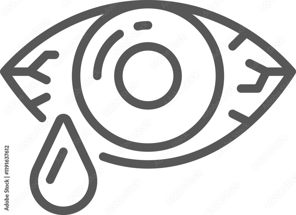 Simple gray line drawing depicting an eye with visible veins and pupil, shedding a tear, expressing feelings of sadness, pain, or allergic reaction Simple gray line drawing depicting an eye with visible veins and pupil, shedding a tear, expressing feelings of sadness, pain, or allergic reaction