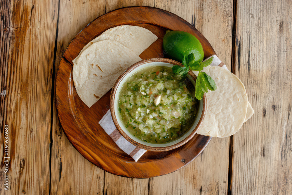 A bowl of vibrant green salsa sits atop a brown wooden platter, accompanied by fresh tortillas and a lime wedge, creating a mouthwatering arrangement A bowl of vibrant green salsa sits atop a brown wooden platter, accompanied by fresh tortillas and a lime wedge, creating a mouthwatering arrangement