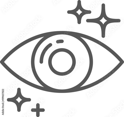 Simple, minimalist vector icon depicting a healthy eye sparkling with vitality, representing perfect vision, ophthalmology, and comprehensive eye care for optimal wellness