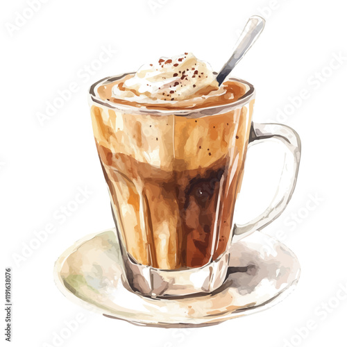 A watercolor painting of a cup of coffee with sweetened condensed milk, isolated on a white background. Coffee with sweetened condensed milk vector.
