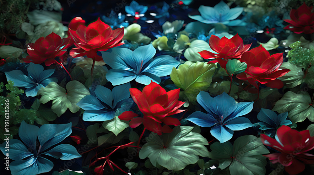 Fantasy floral arrangement with shiny petals and greenery in blue tones. Abstract floral composition. 3d illustration