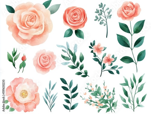 Fototapeta Naklejka Na Ścianę i Meble -  Hand-painted Romantic Watercolor Peonies, Roses and Leaves for Wedding and Valentine's Day Projects