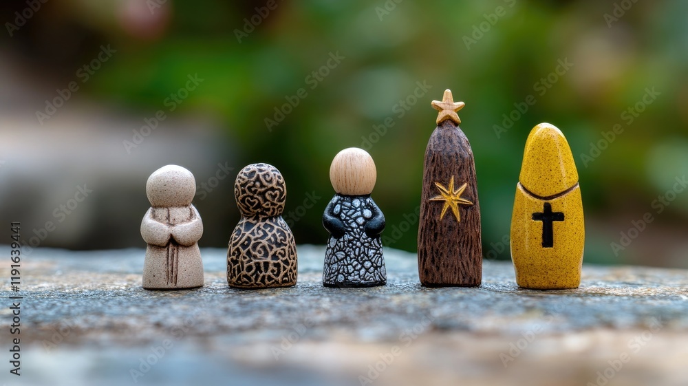 Obraz premium Wooden figures in various colors, including religious symbols, arranged line on surface outdoors
