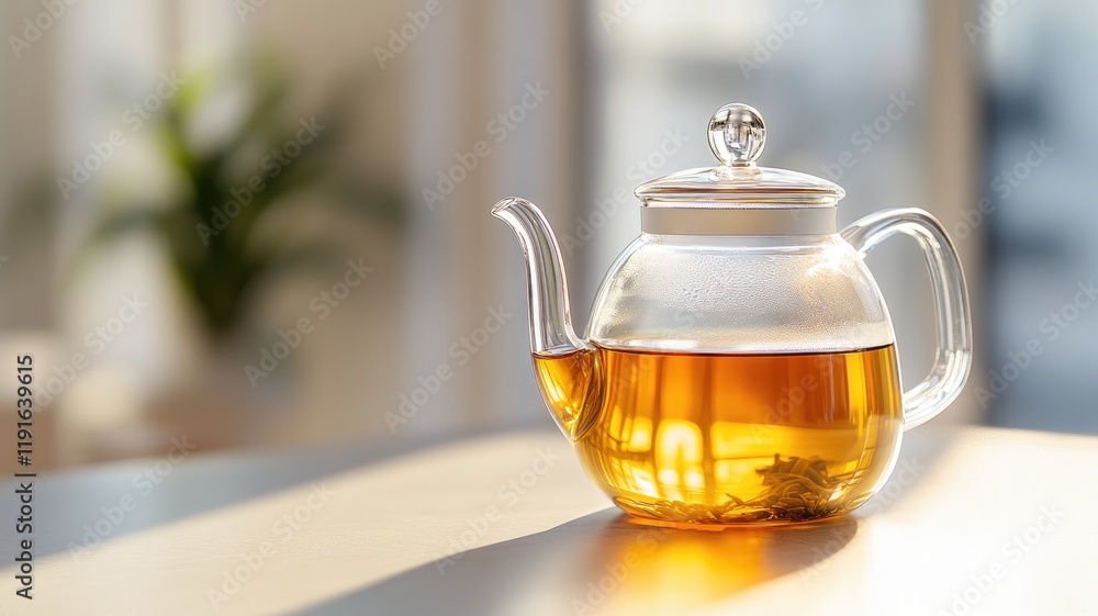 Clear glass teapot with brewed tea, sunlight on surface Clear glass teapot with brewed tea, sunlight on surface