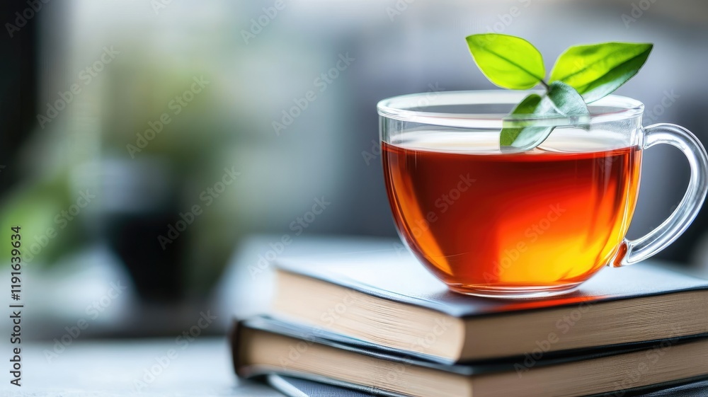 Clear cup of tea with green leaves on books; cozy setting Clear cup of tea with green leaves on books; cozy setting