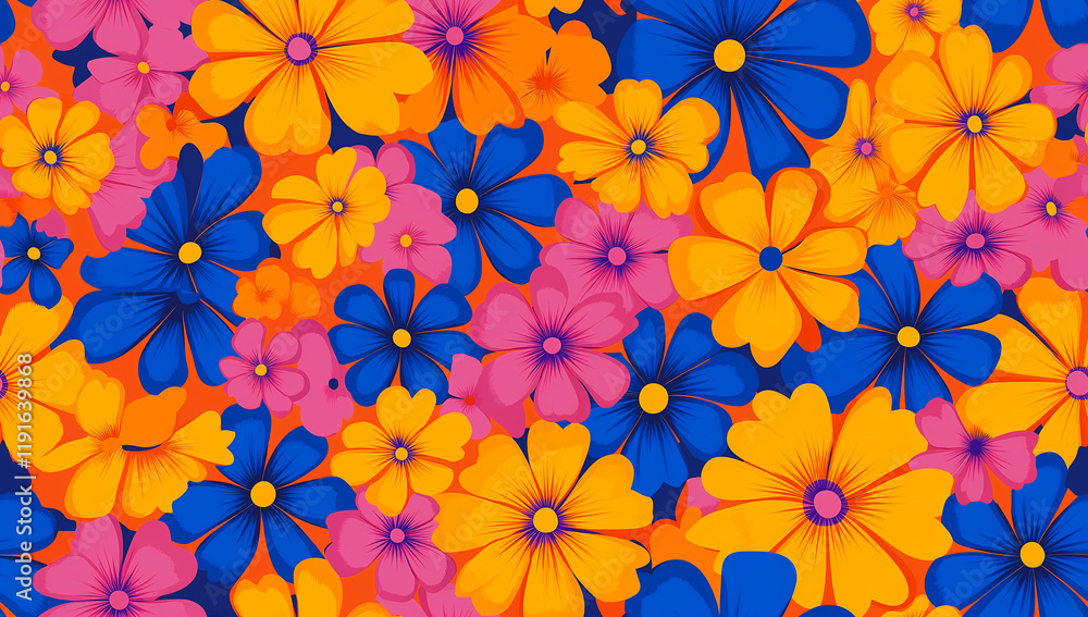 Seamless vibrant pop art floral pattern with blue, yellow and pink flowers on orange background Seamless vibrant pop art floral pattern with blue, yellow and pink flowers on orange background