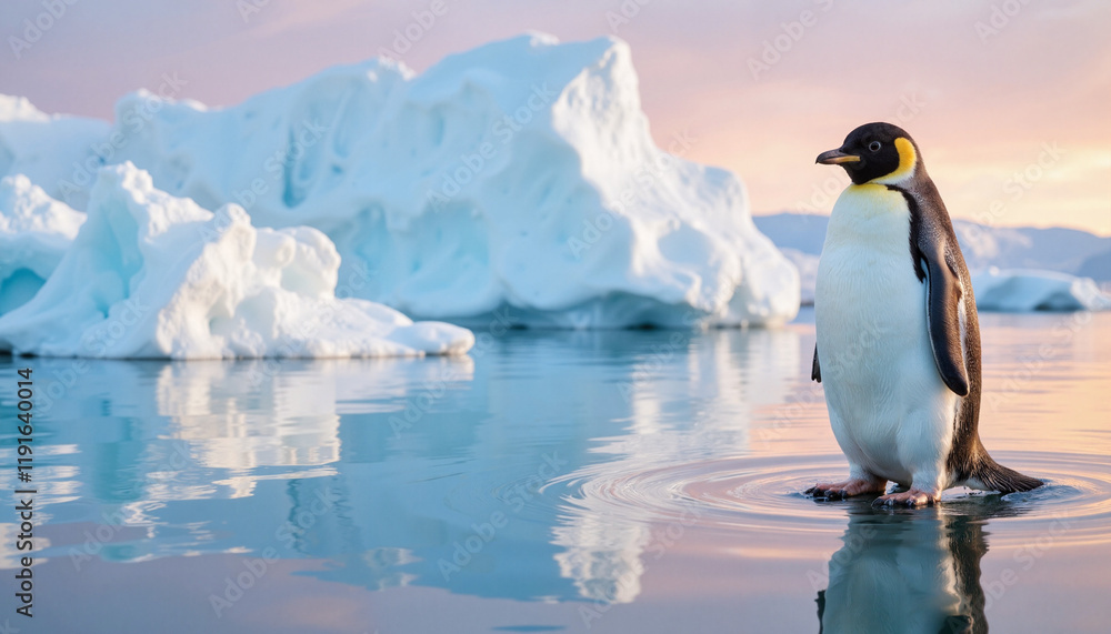 Fototapeta premium Emperor penguin standing in water against icebergs