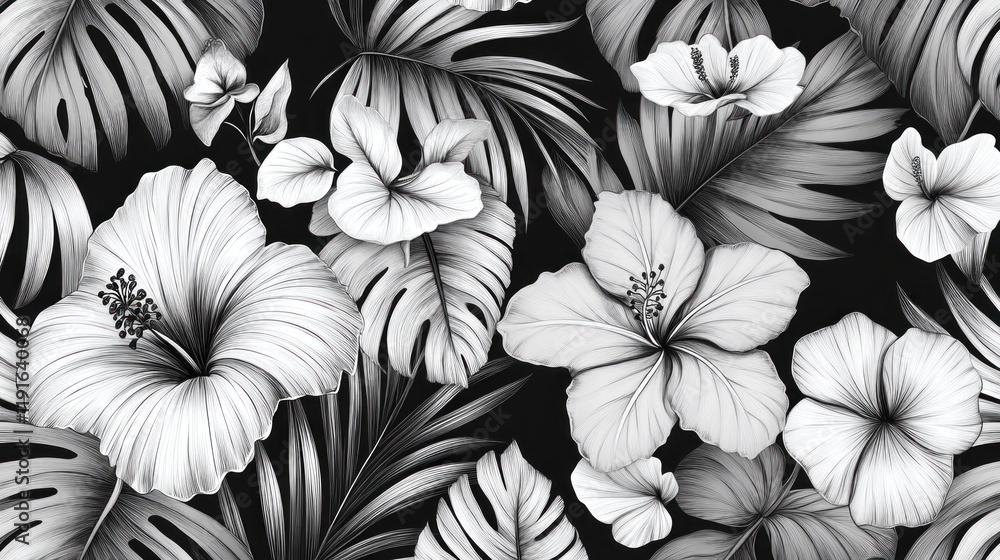 Monochromatic Tropical Paradise: A grayscale botanical illustration featuring hibiscus and lush foliage Monochromatic Tropical Paradise: A grayscale botanical illustration featuring hibiscus and lush foliage