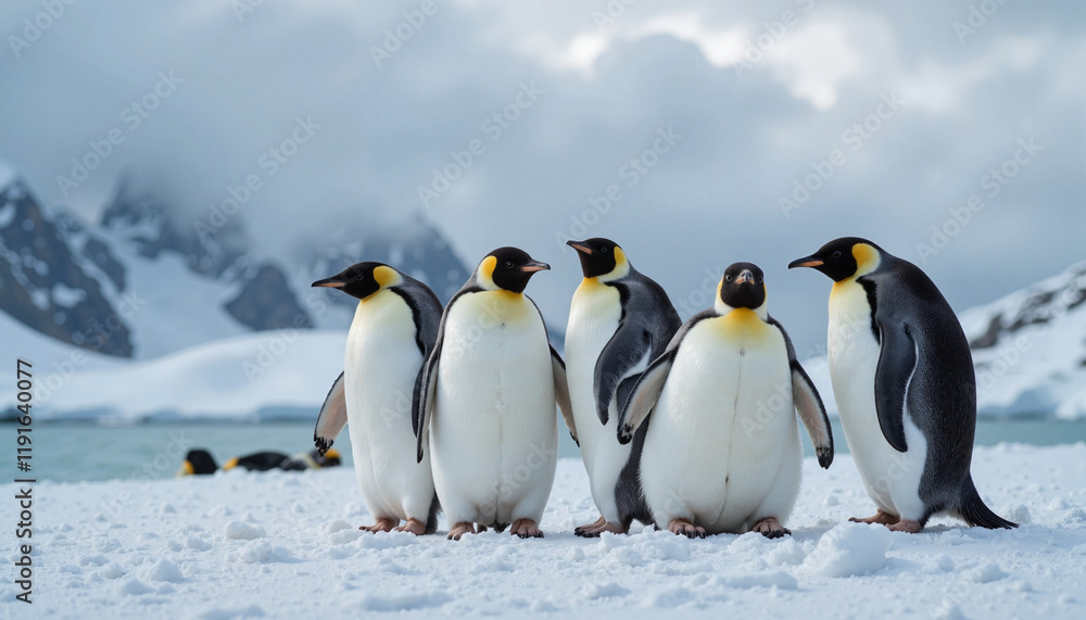 Fototapeta premium Five emperor penguins standing on snow against mountainous background