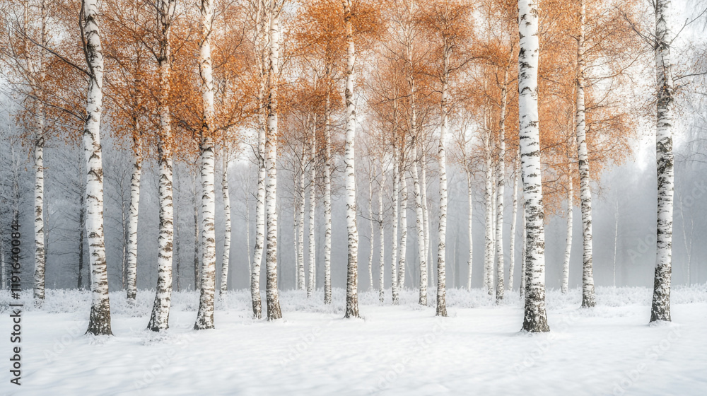 Obraz premium Whitish forest with orange leaves and snow-covered ground during winter season