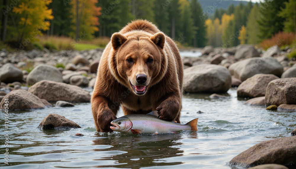 Bear catching fish in river against forest backdrop Bear catching fish in river against forest backdrop