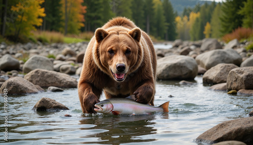 Bear catching fish in river against forest backdrop photo