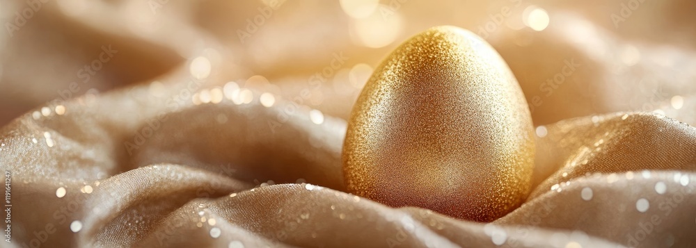Fototapeta premium Luxurious golden Easter egg on shimmery fabric. Close-up view