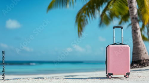 Fototapeta Naklejka Na Ścianę i Meble -  Pink suitcase on a tropical beach with turquoise sea and palm trees. Ideal for travel, vacation, and tourism promotions or editorial content.