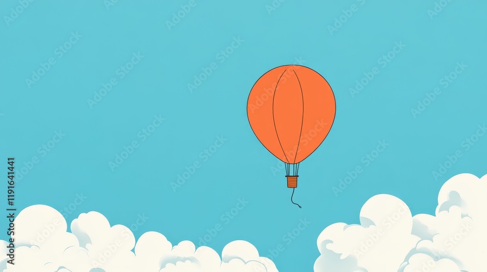 Fototapeta premium Orange hot air balloon floats above fluffy clouds.