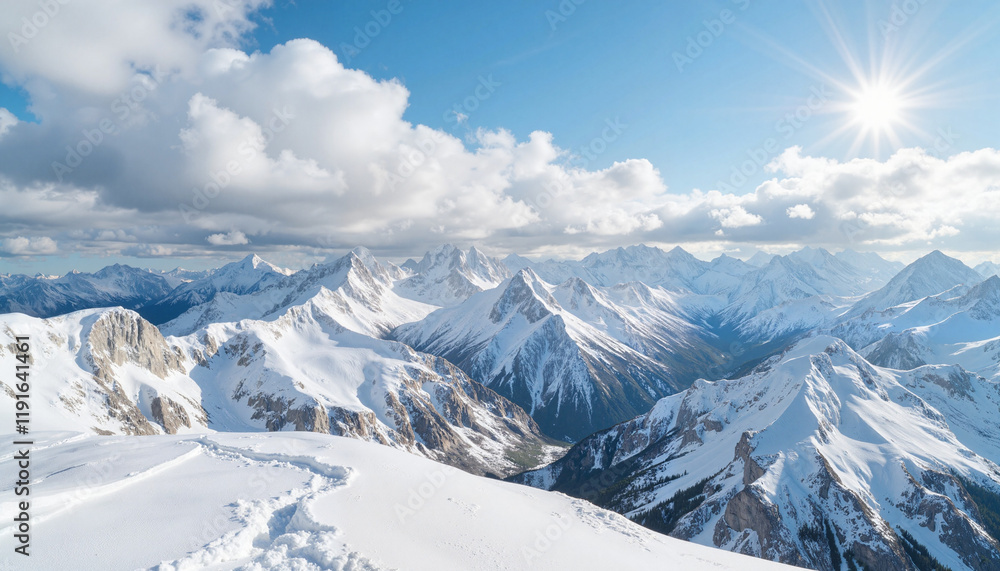 Fototapeta premium Snow-covered mountains under bright blue sky