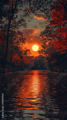Breathtaking sunset reflection shimmering on a tranquil lake with vibrant autumn foliage lining the shoreline creating a serene and enchanting natural landscape