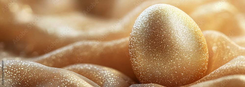 Fototapeta premium Luxurious golden Easter egg on shimmery fabric. Close-up view