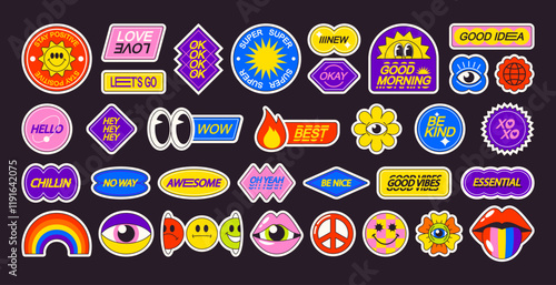 Pop art stickers with funny cute design, comic lettering and humor phrase isolated trendy set