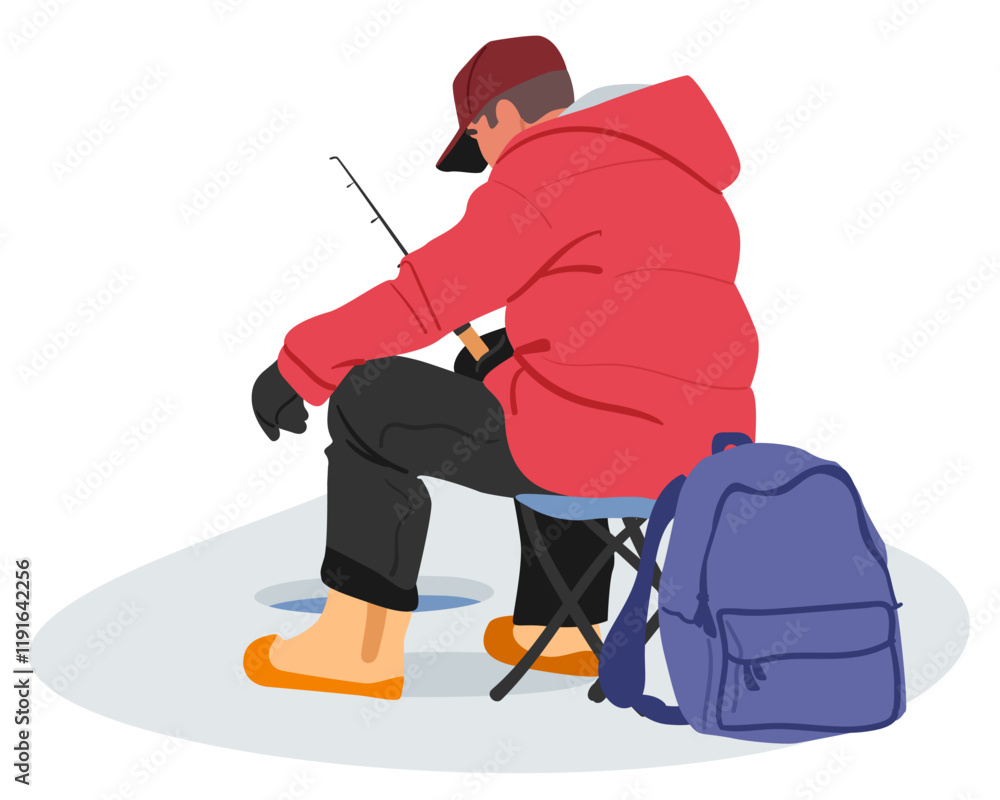 Obraz premium View from back of fisherman cartoon character sitting on chair with rod fishing in ice lake hole