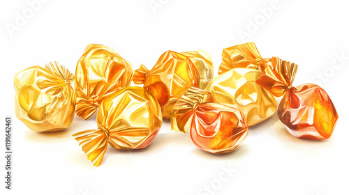 Vibrant assorted sweets wrapped in luxurious golden foil, arranged artfully on a white background, evoking feelings of. Goldenleaf. Illustration photo