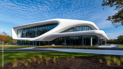 White concrete facade with fluid parametric contours, capturing a sense of motion and innovation photo