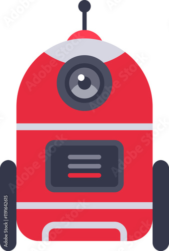 Modern red delivery robot moving on wheels and using artificial intelligence to transport goods, featuring a large eye, an antenna and a digital display showing information