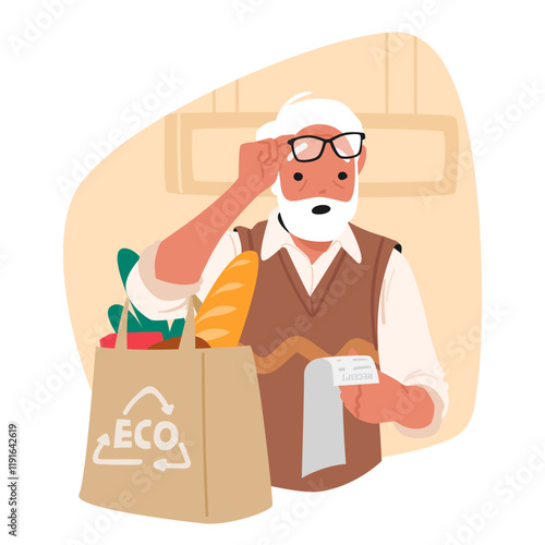 Retired senior man customer cartoon character feeling shock looking at shopping receipt bill
