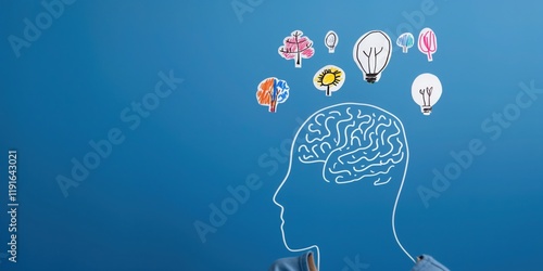 silhouette head with hand drawn ideas floating above in bright whimsical doodles on plain blue copyspace concept of creativity marketing psychology