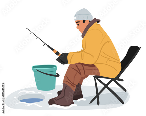 Young fisherman relaxing outdoors during winter fishing sitting on chair front of ice hole in lake